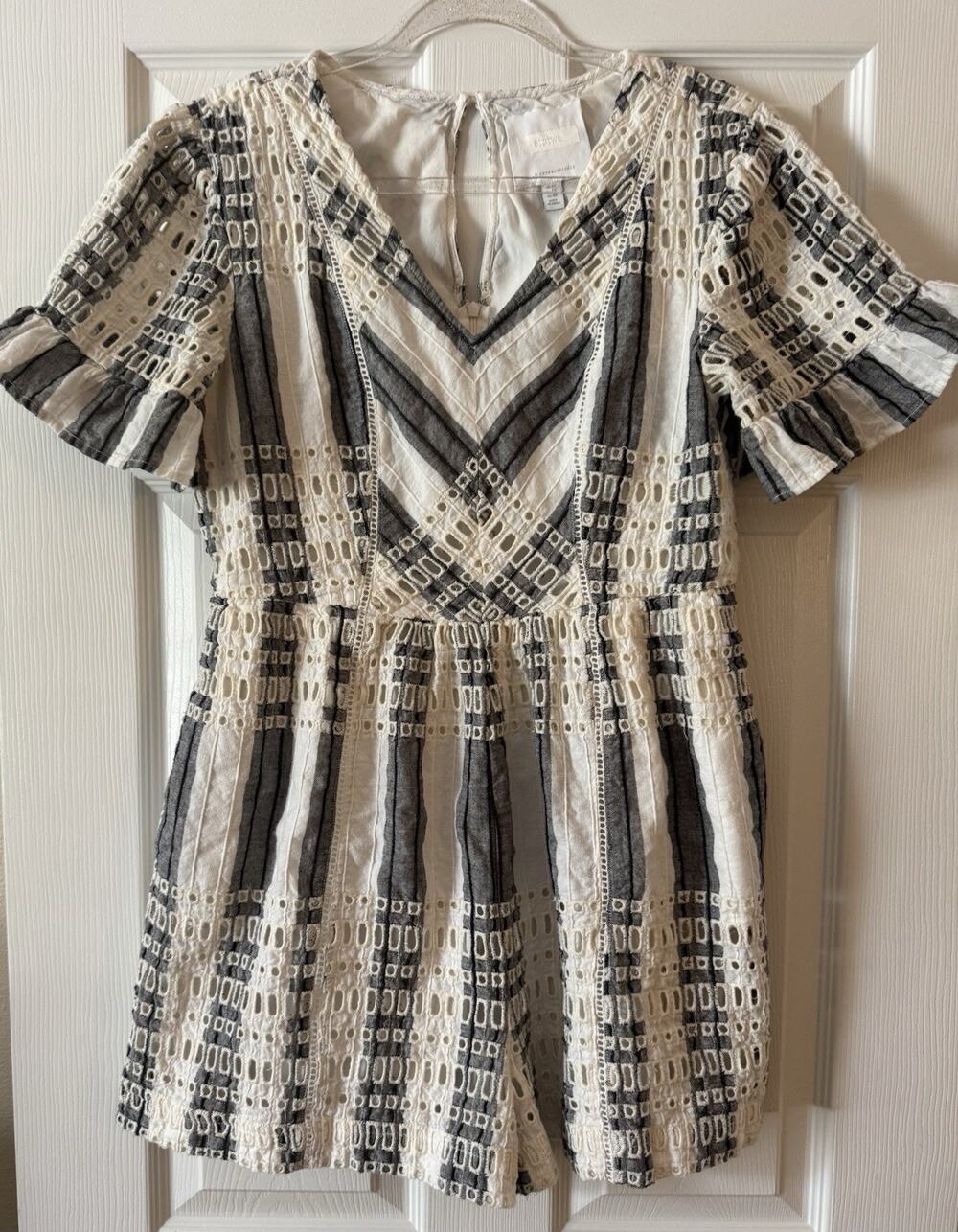 Anthropologie Ett:Twa Womens Eyelet Romper Ruffle Sleeves Striped Gray Size 12
